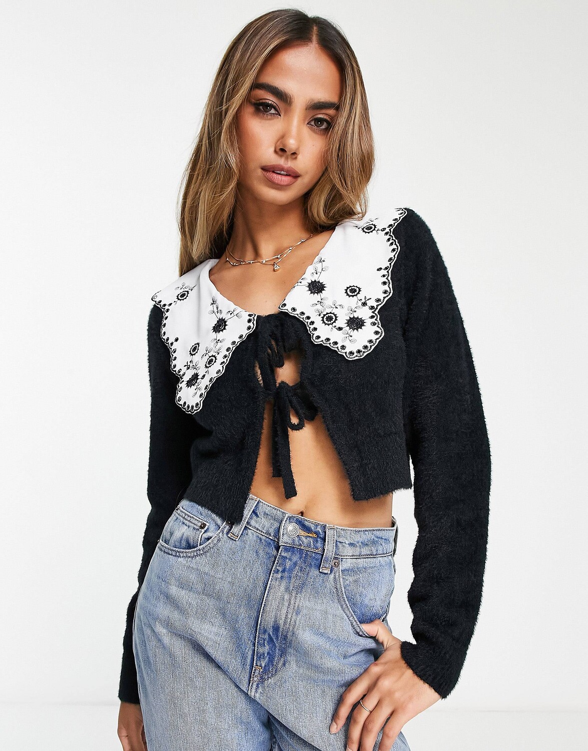 

Черный кардиган с воротником и завязками спереди Miss Selfridge