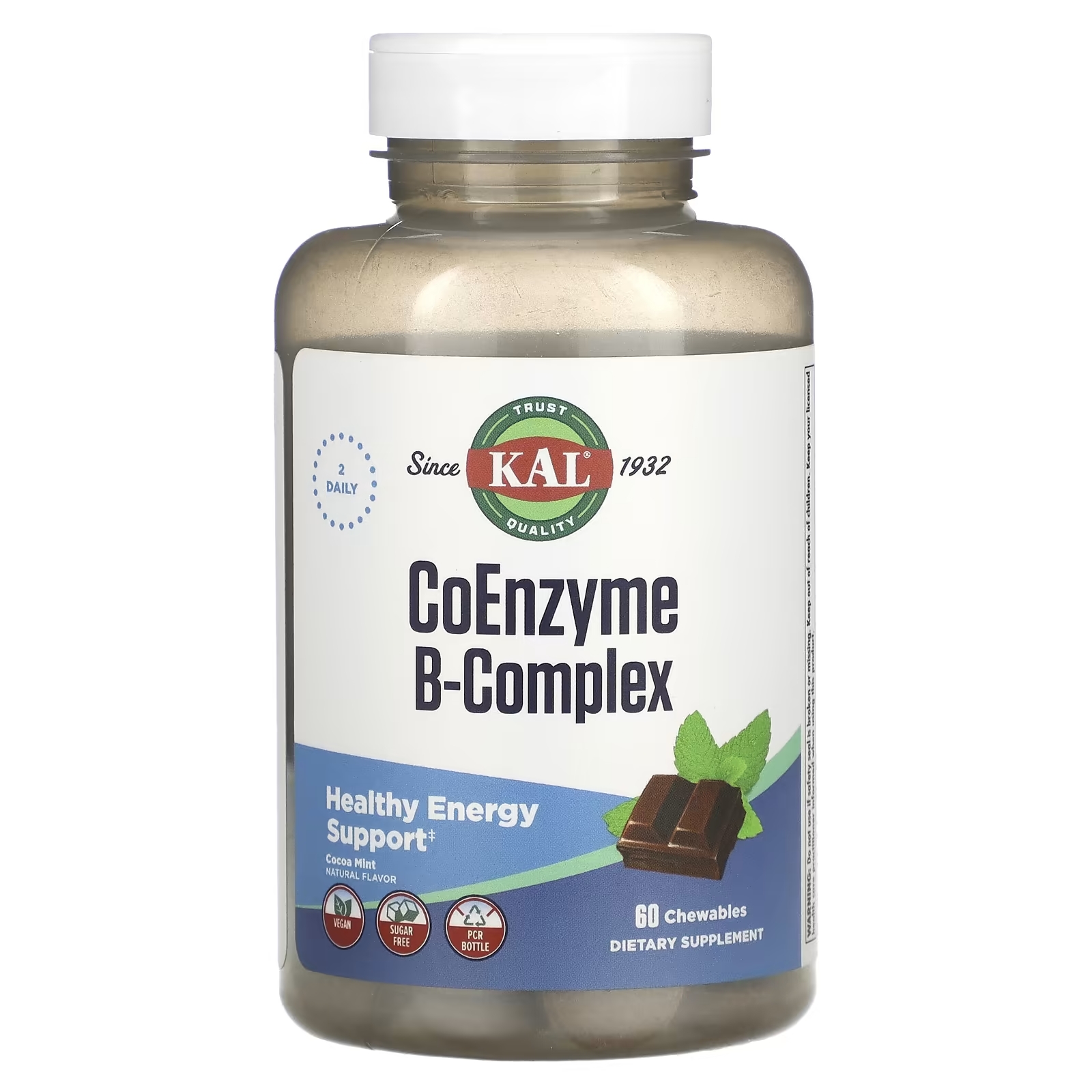 KAL Комплекс коферментов витаминов группы B натуральный вкус мяты и какао, 60 жевательных таблеток solaray высокоэффективный комплекс витаминов группы b натуральный клубничный вкус 50 жевательных таблеток