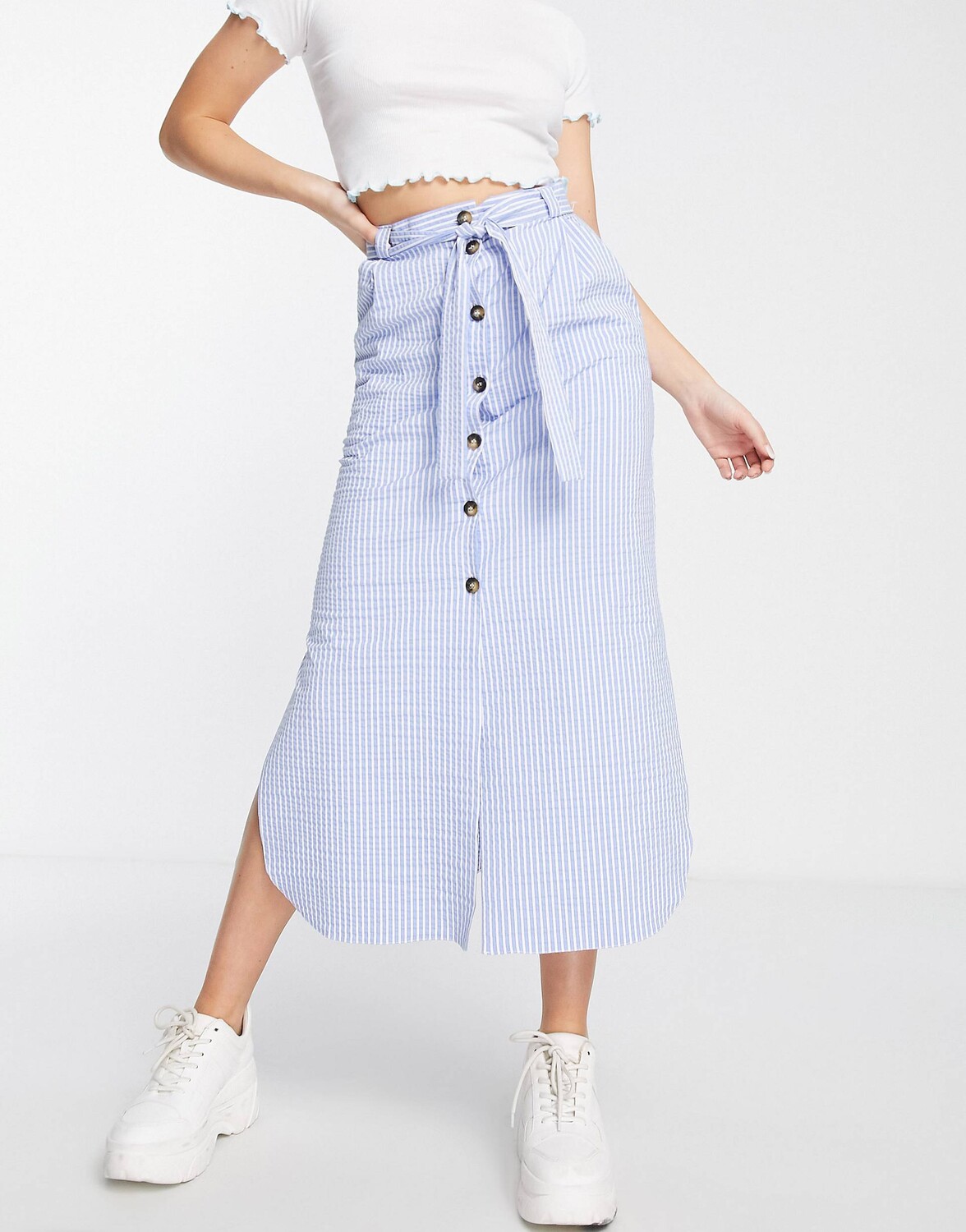 

Юбка миди в полоску с поясом и пуговицами ASOS DESIGN