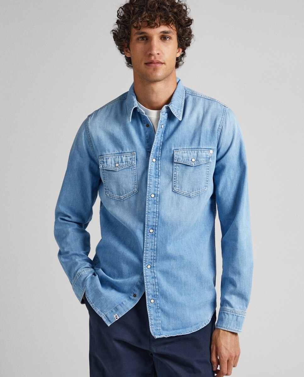 

Однотонная мужская рубашка синего цвета Pepe Jeans, синий