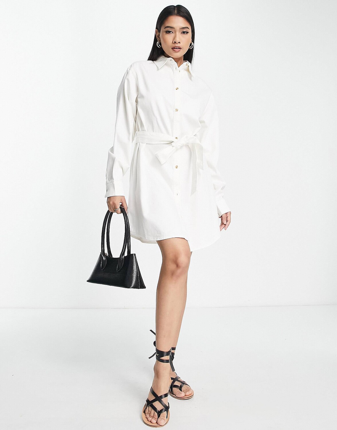 

Белое джинсовое платье-рубашка с поясом ASOS DESIGN, Белый