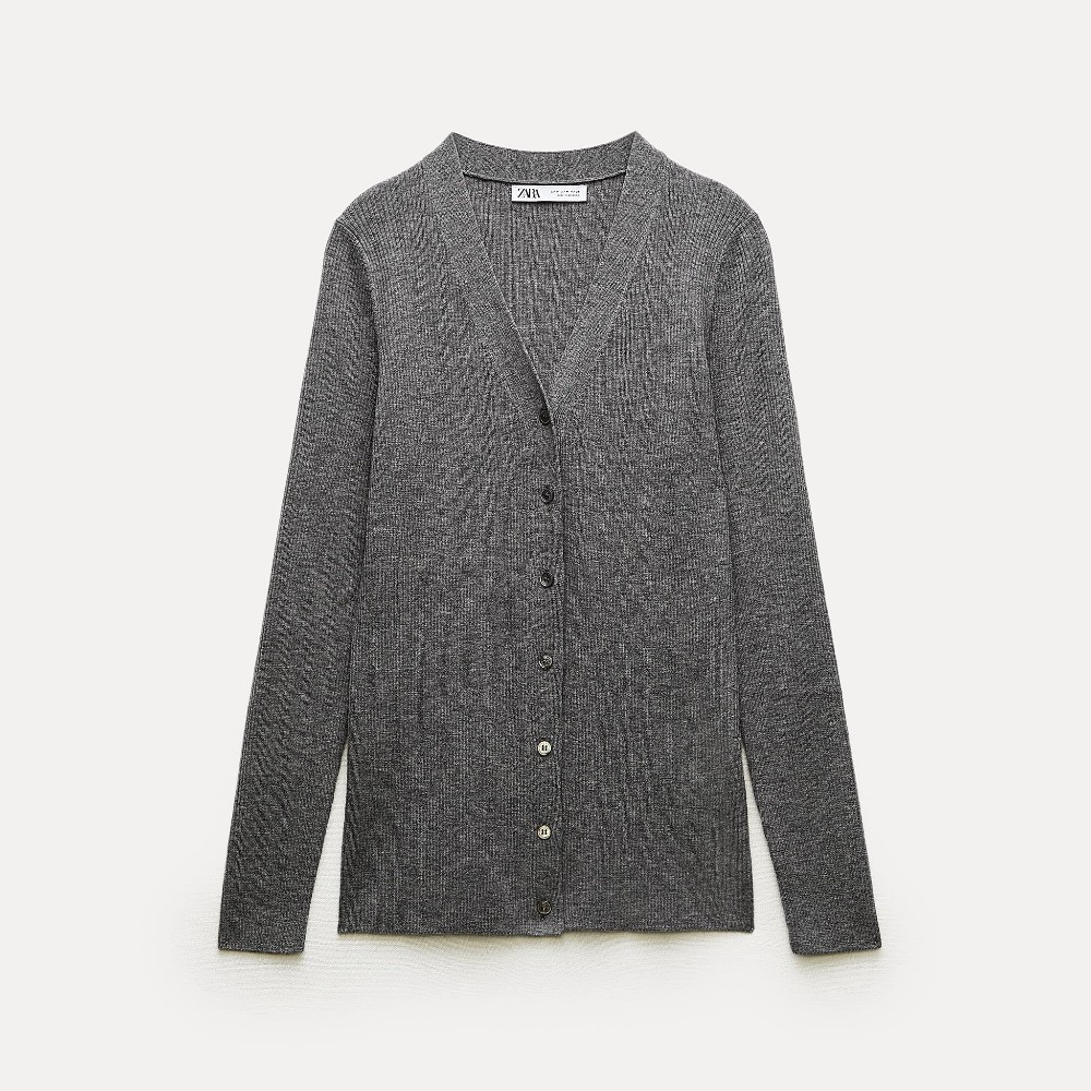 Кардиган Zara Ribbed Wool And Cashmere Blend, серый цена и фото