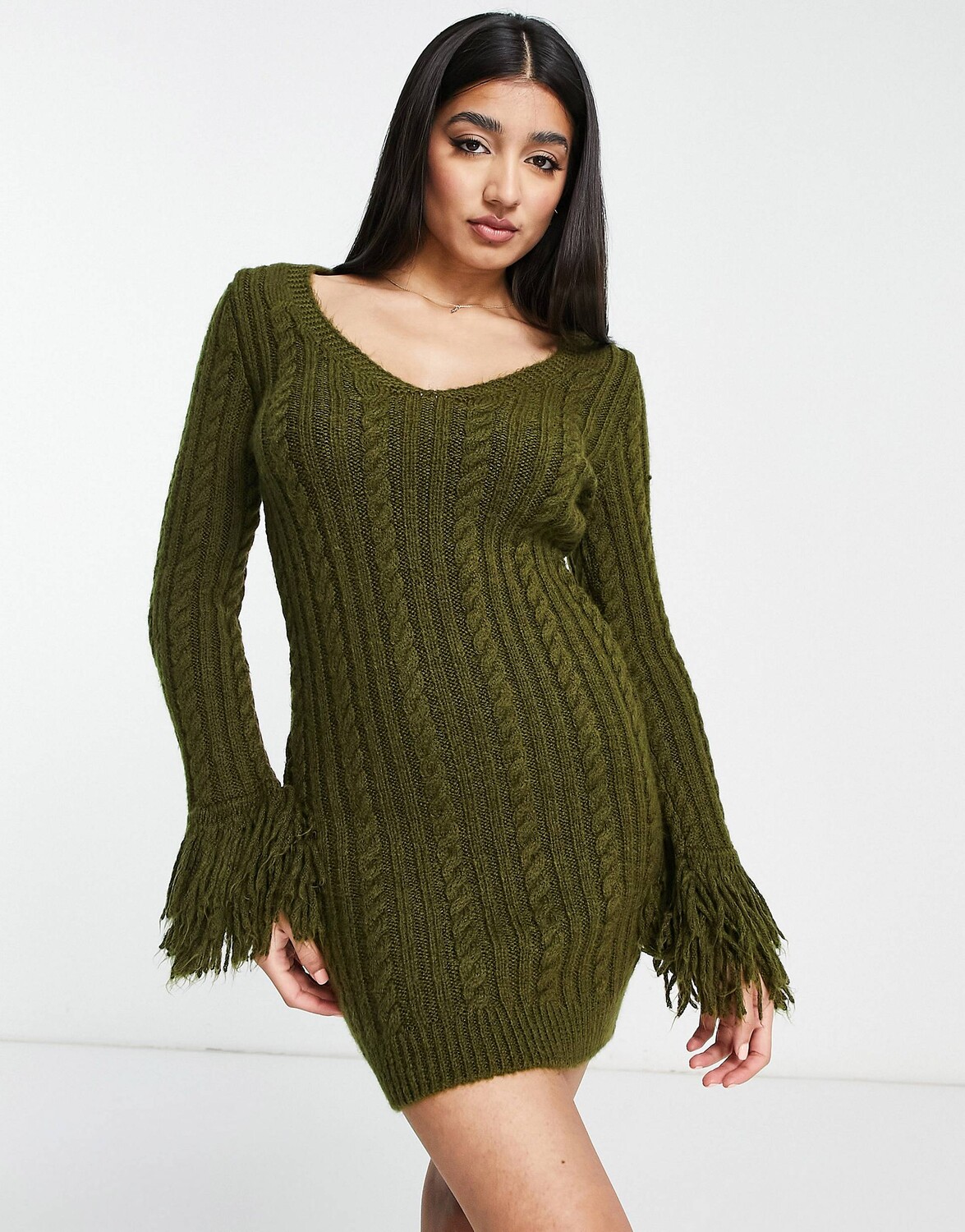 

Платье мини цвета хаки с бахромой и бахромой фактурной вязки Miss Selfridge