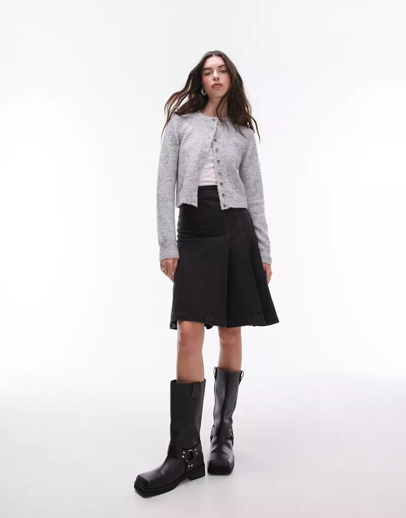 

Черная джинсовая юбка до колена со складками Topshop