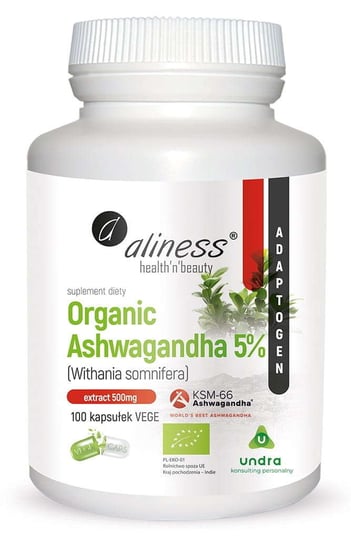 Органическая Ашваганда 5% KSM-66 500 мг Aliness, 100 растительных капсул. l метионин 500 мг aliness 100 растительных капсул