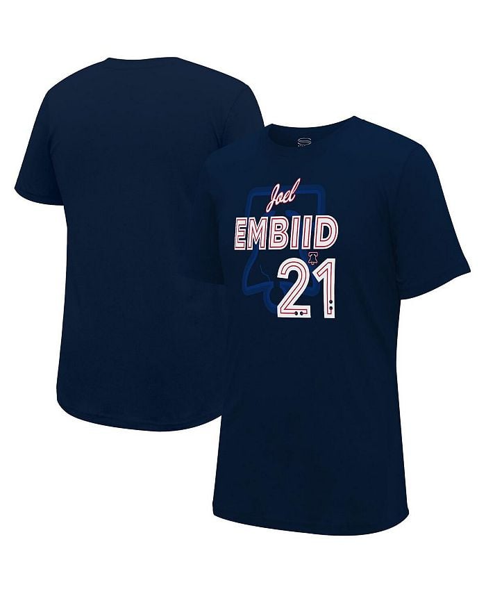 

Мужская и женская футболка с графическим рисунком Joel Embiid Philadelphia 76ers 2023/24 City Edition Player Stadium Essentials, синий