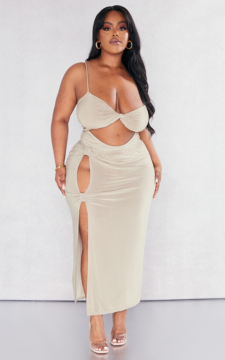 

PrettyLittleThing Юбка миди Plus Moss Sand с вырезами по бокам