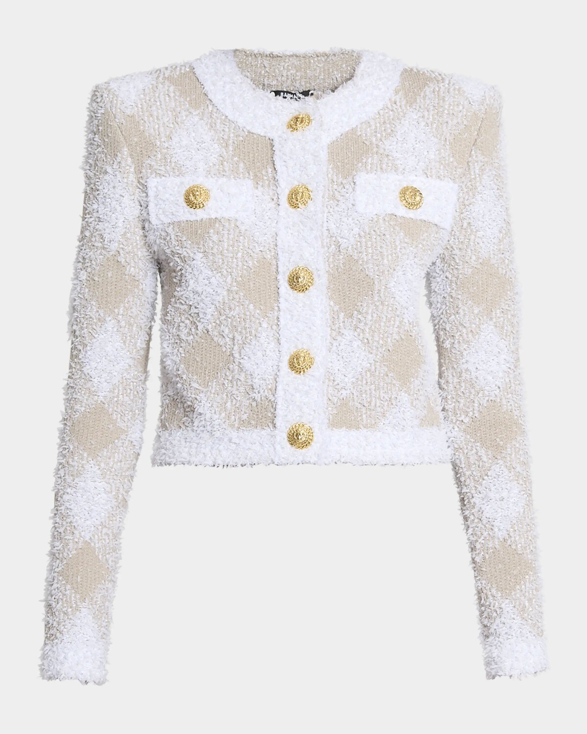 

Укороченный твидовый пиджак в клетку Vichy Balmain, цвет White Multi