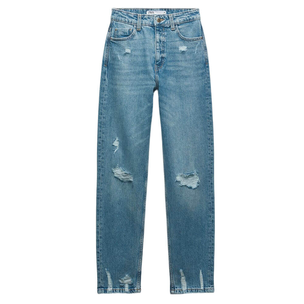 

Джинсы женские c высокой посадкой Zara Z1975 Ripped Mom-fit, темно-синий