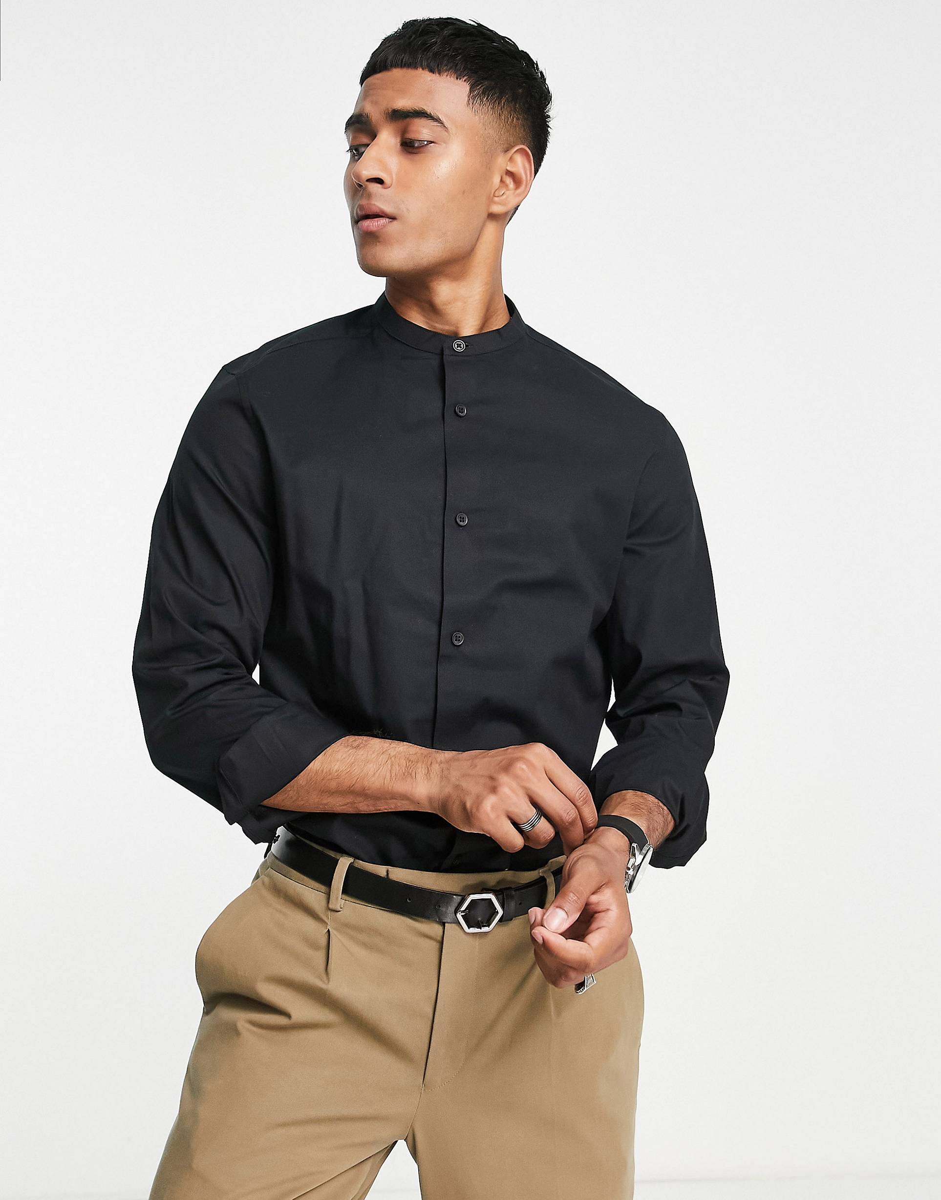 Черная удлиненная рубашка с воротником-стойкой ASOS DESIGN
