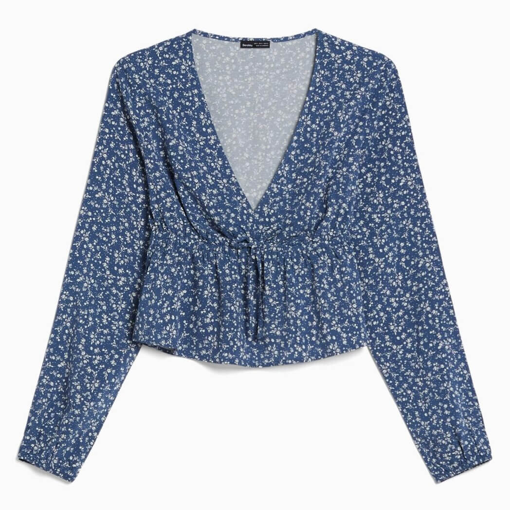 

Блуза Bershka Long Sleeve Floral Print, темно-синий