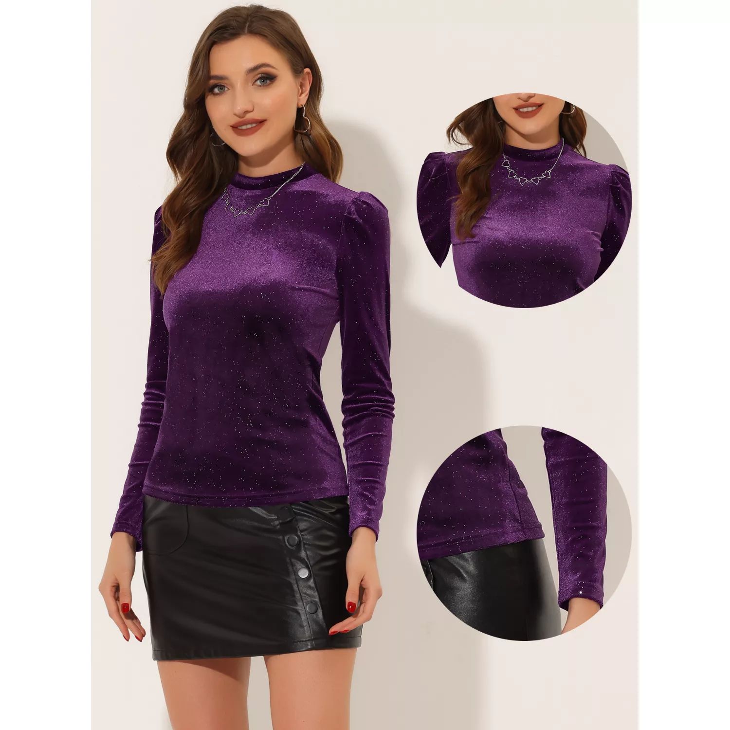 Металлический бархатный топ для женщин, винтажная блестящая футболка с длинным рукавом и пышным воротником на Хэллоуин ALLEGRA K