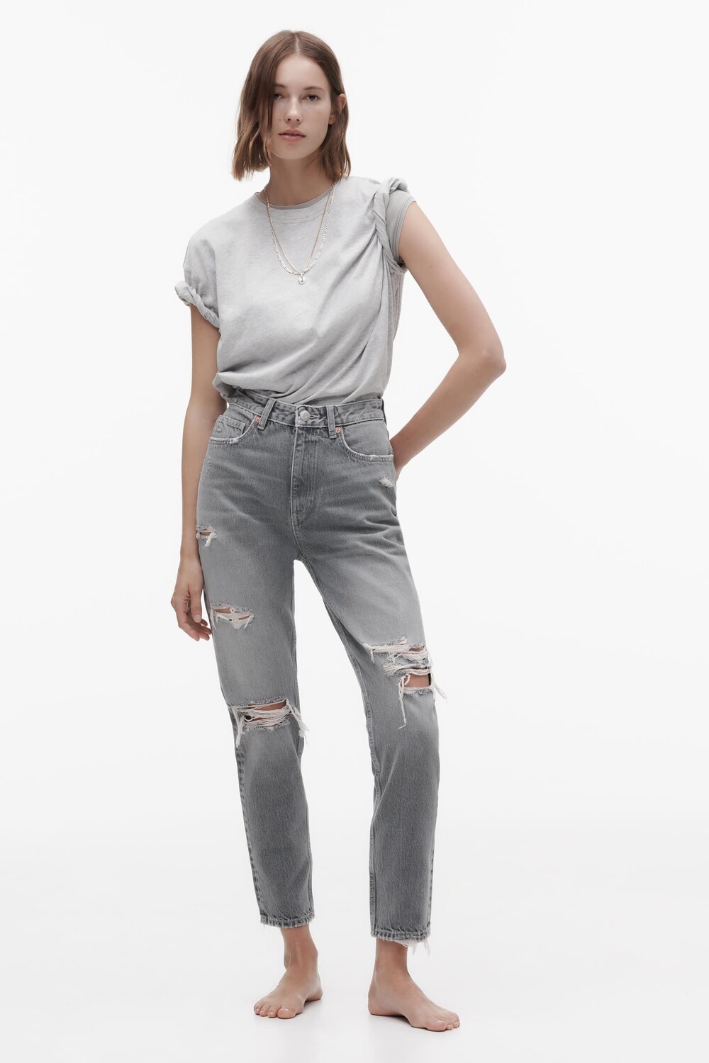 

Джинсы trf mom с высокой посадкой ZARA, антрацитовый серый