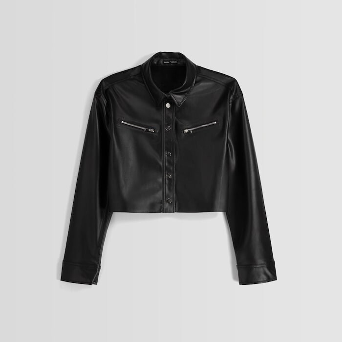 

Укороченная кожаная рубашка Bershka Long Sleeve With Zips, черный