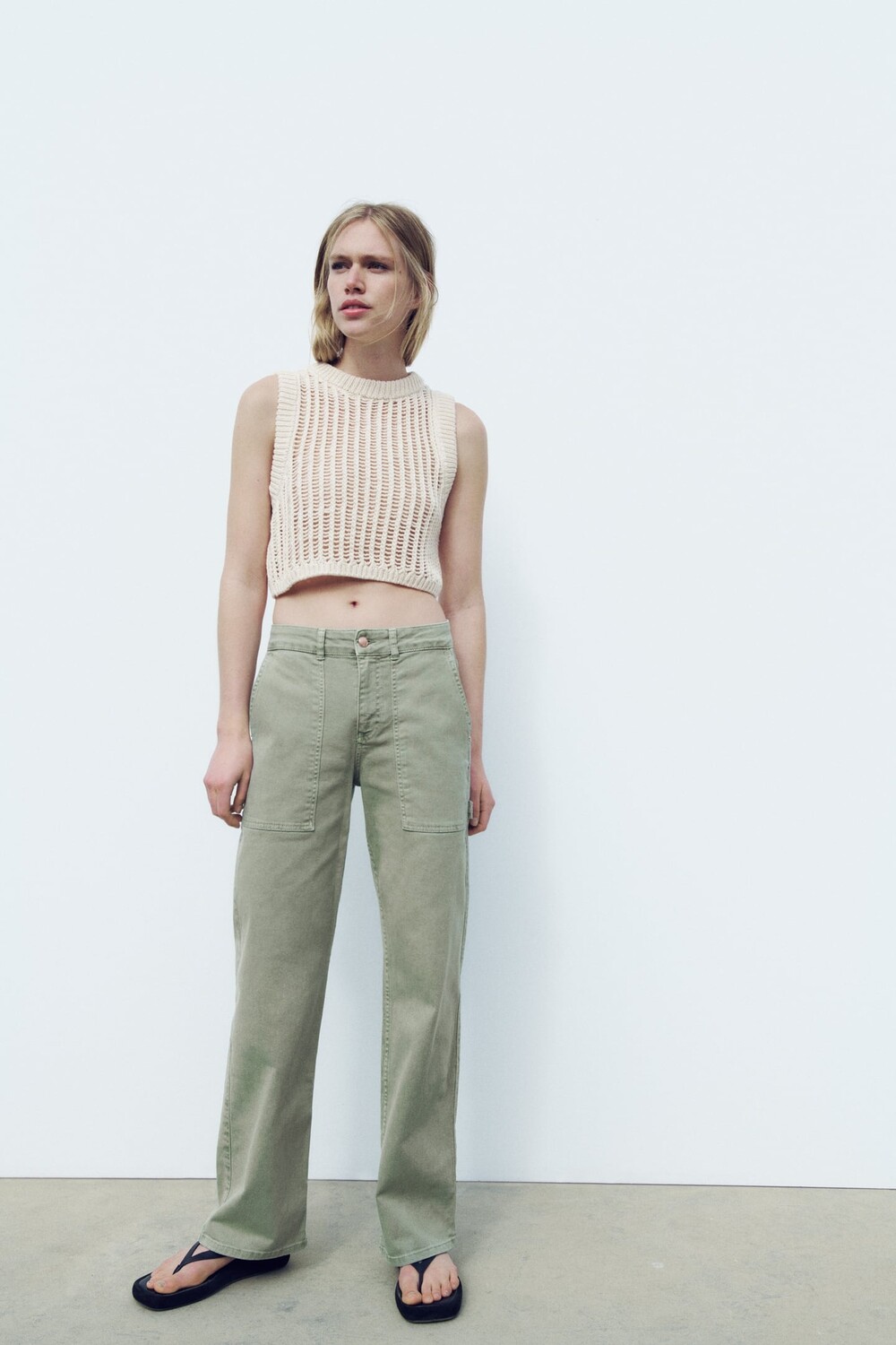 

Прямые джинсы carpenter с высокой посадкой Z1975 ZARA, светлый хаки