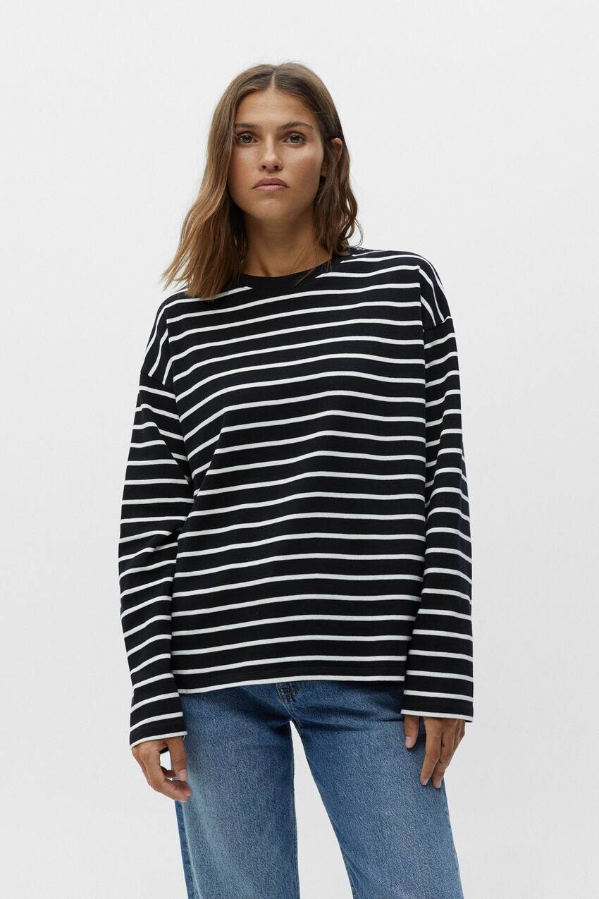 

Полосатая футболка оверсайз Pull&Bear, черный/экрю