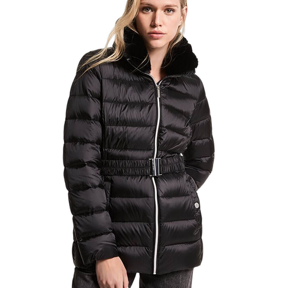 

Стеганое пальто с отделкой из искусственного меха Michael Michael Kors Quilted Nylon Belted, черный