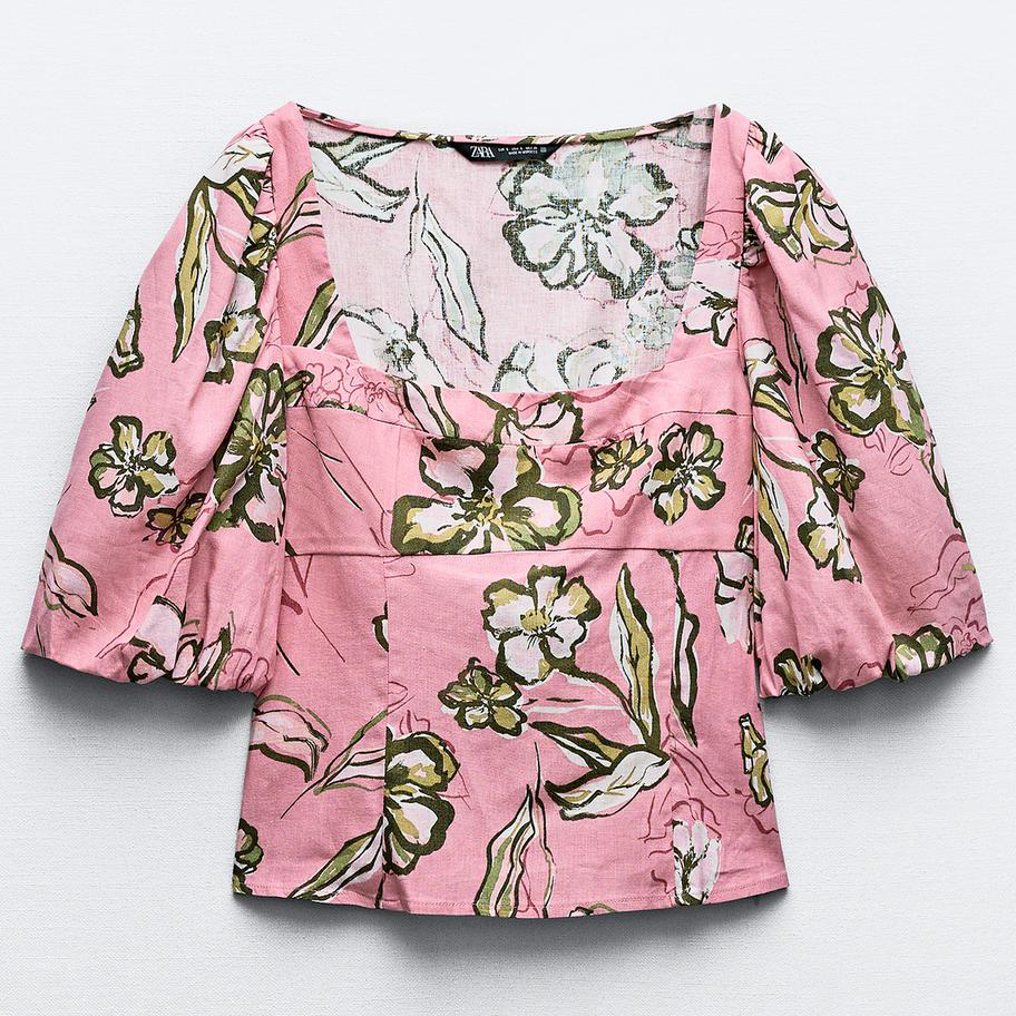 Топ Zara Linen Blend Print, розовый