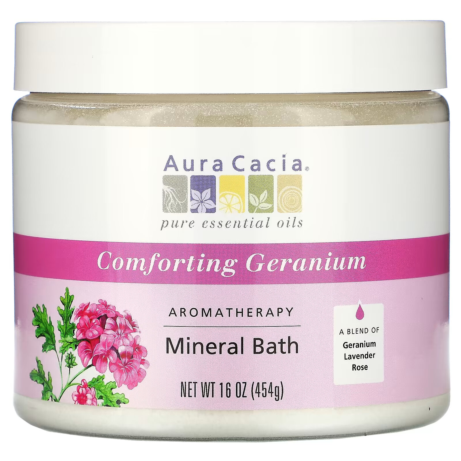 aura cacia ароматерапевтическое минеральное средство для ванны расслабляющий сладкий апельсин 2 5 унции 70 9 г Aura Cacia, Ароматерапевтическое средство для ванны с минералами, успокаивающая герань, 16 унций (454 г)