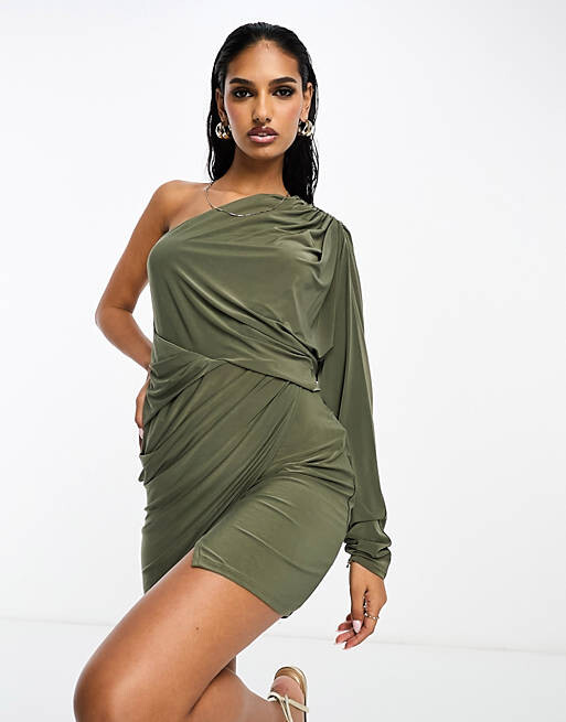 

Мини-платье цвета хаки с драпировкой и крыльями летучей мыши ASOS DESIGN