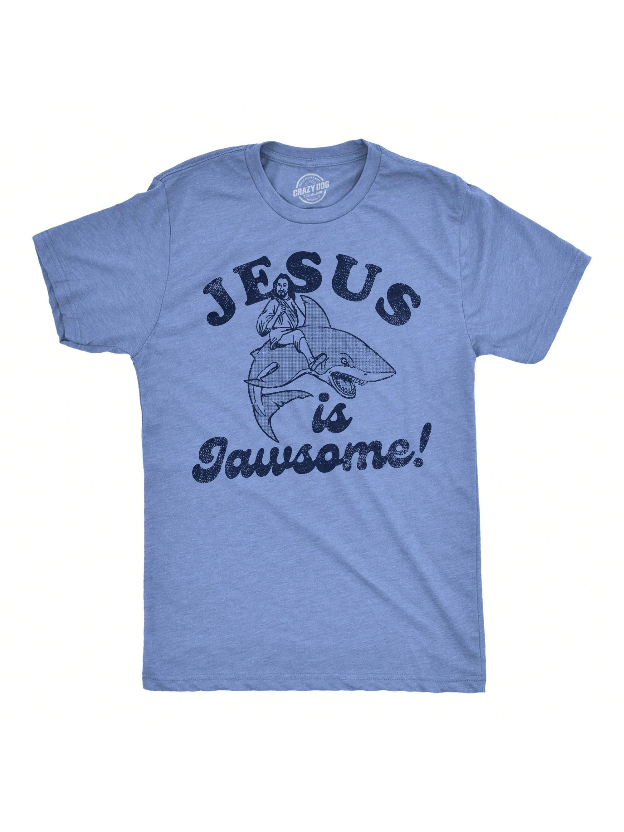 Мужские забавные футболки «Иисус — диномит», light heather blue - иисус потрясающий