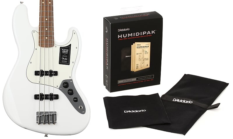 

Fender Player Jazz Bass - Polar White с накладкой на гриф Pau Ferro в комплекте с увлажнителем D'Addario с автоматической системой контроля влажности Fender + D'Addario 0149903515=1 PW-HPK-01=1