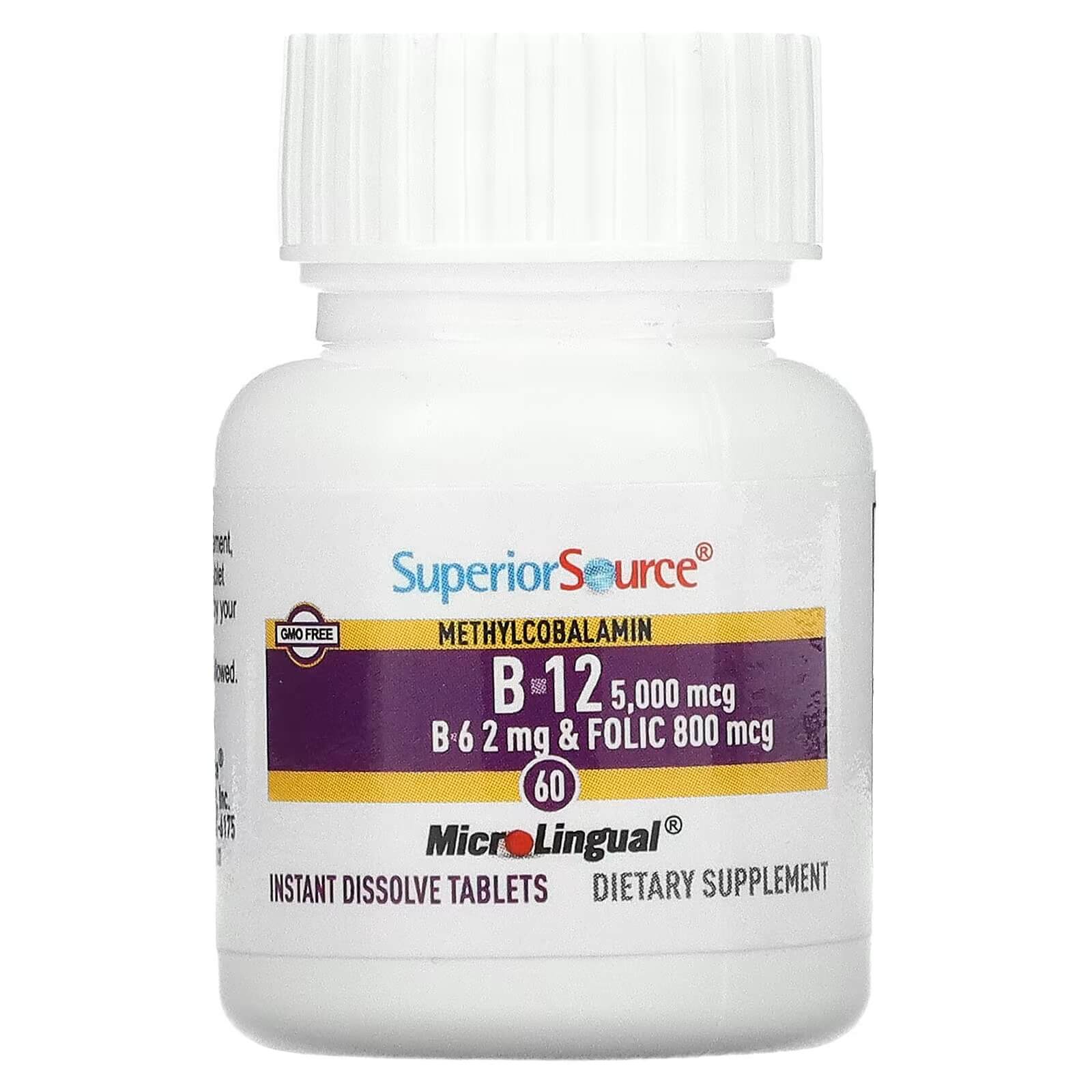 Метилкобаламин B-12, B-6 и фолиевая кислота Superior Source 5000 мкг, 60 таблеток метилкобаламин b 12 superior source 90 растворяющихся таблеток