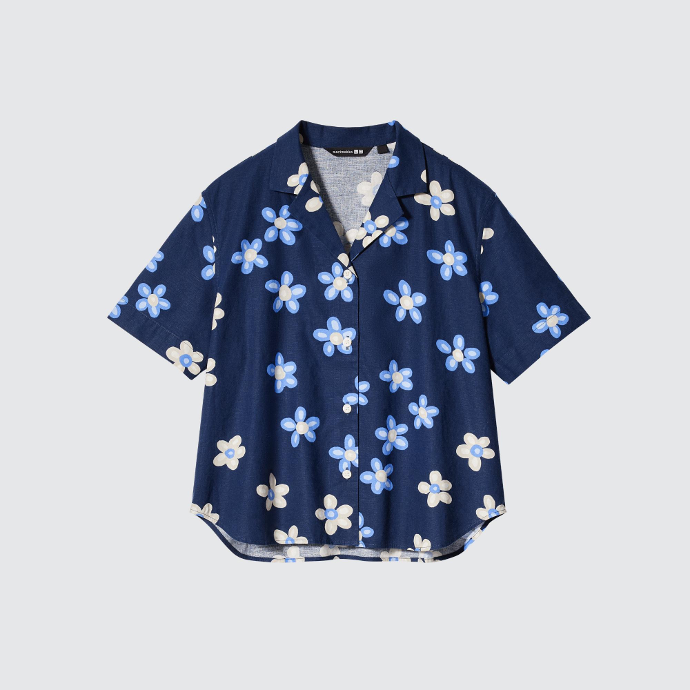 Рубашка Uniqlo х Marimekko Linen Blend Open Collar Demeter, синий