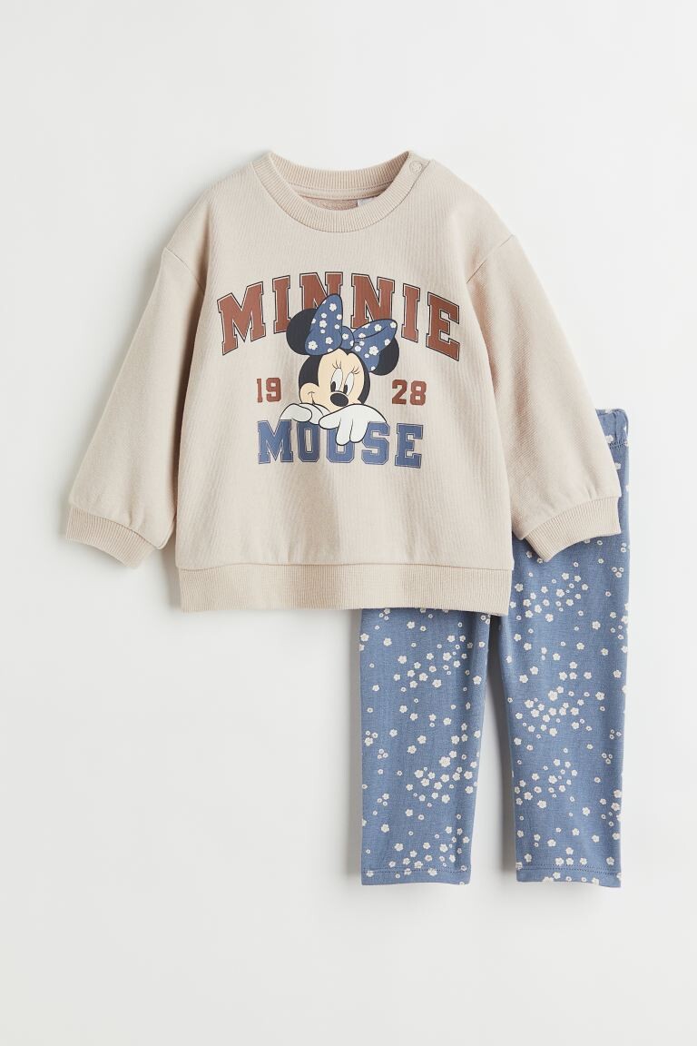 

Комплект из 2 предметов из хлопка с набивным рисунком H&M, бежевый/минни маус