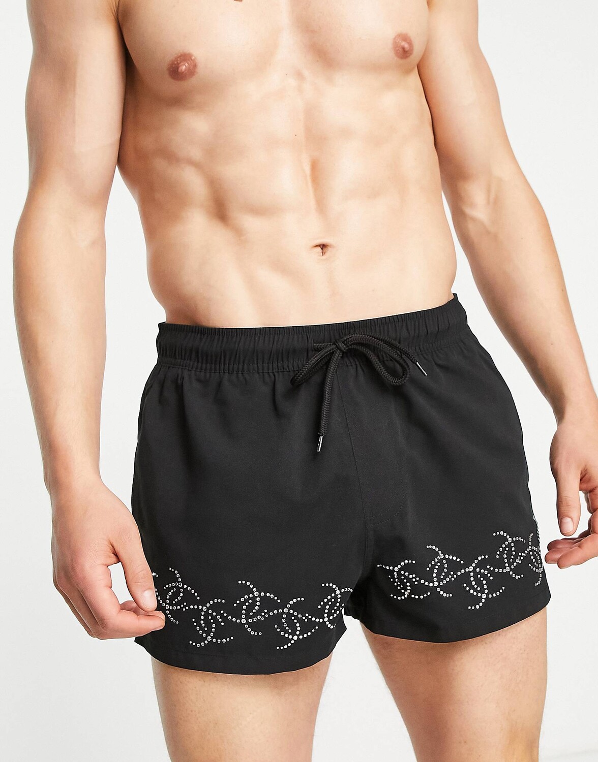 

Черные шорты для плавания с драгоценными камнями ASOS DESIGN очень короткие