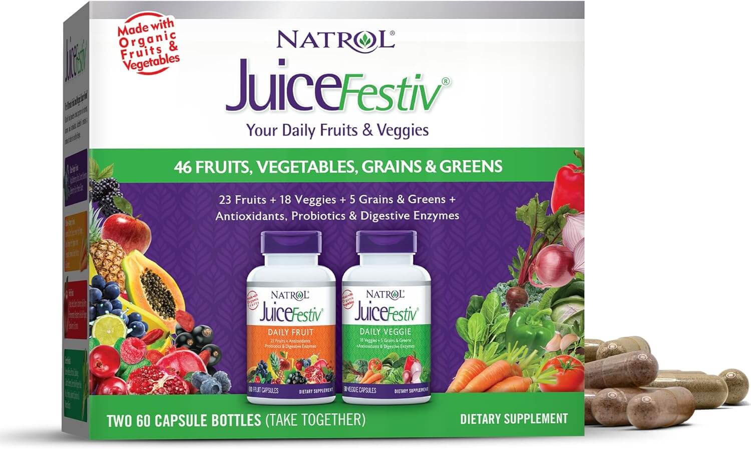Набор пищевых добавок с экстрактами фруктов и овощей Natrol JuiceFestiv Daily, 12 упаковок по 2 банки х 60 капсул now plant enzymes 120 veggie capsules