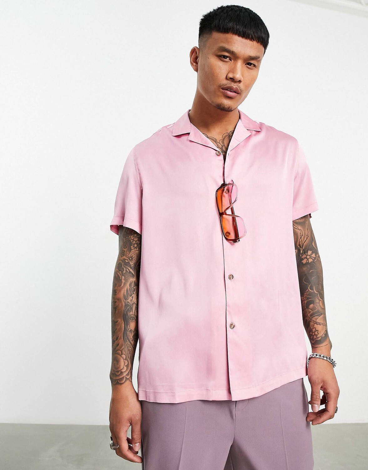 

Светло-розовая атласная рубашка свободного кроя с ремешком ASOS DESIGN