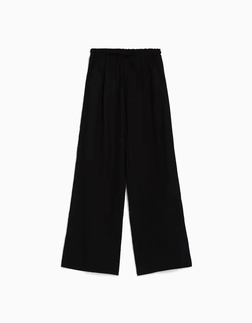 

Брюки Bershka Wide-Leg Linen Blend With Gathered Waist, черный