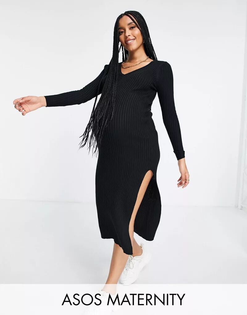 

Черное трикотажное платье в рубчик с v-образным вырезом ASOS DESIGN Maternity