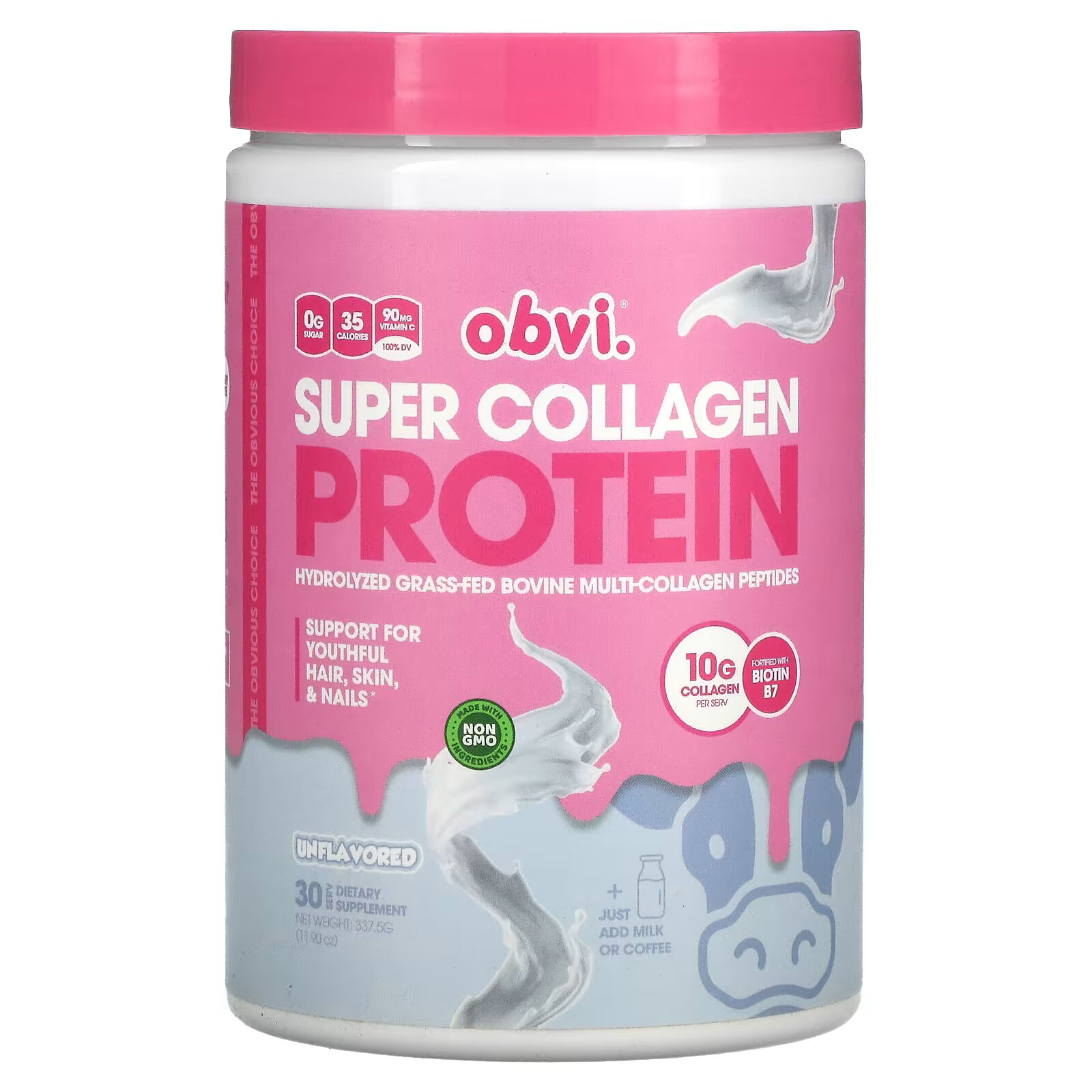 Obvi, Super Collagen Protein, без добавок, 337,5 г (11,90 унции) obvi super collagen protein какао хлопья 390 г 13 79 унции