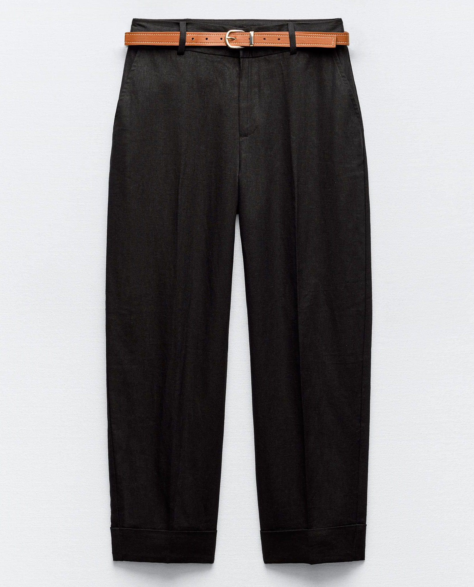 Брюки Zara Linen Blend With Belt, черный пальто zara with belt черный