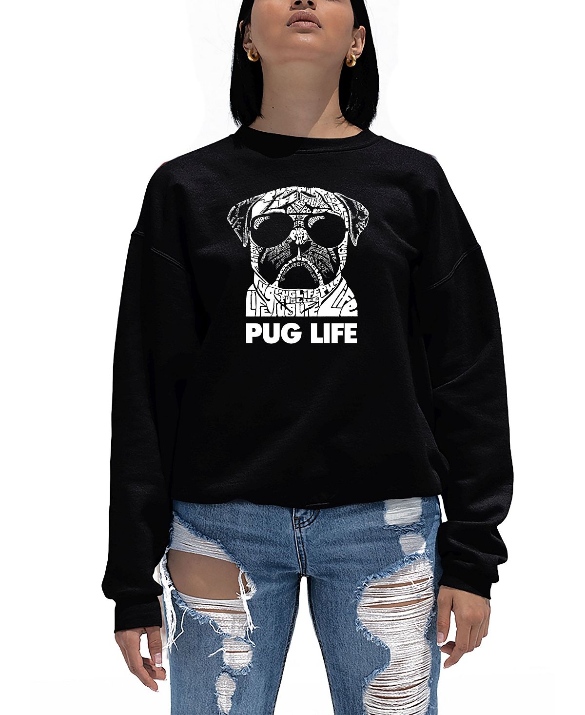 Женская толстовка с круглым вырезом word art pug life LA Pop Art, черный