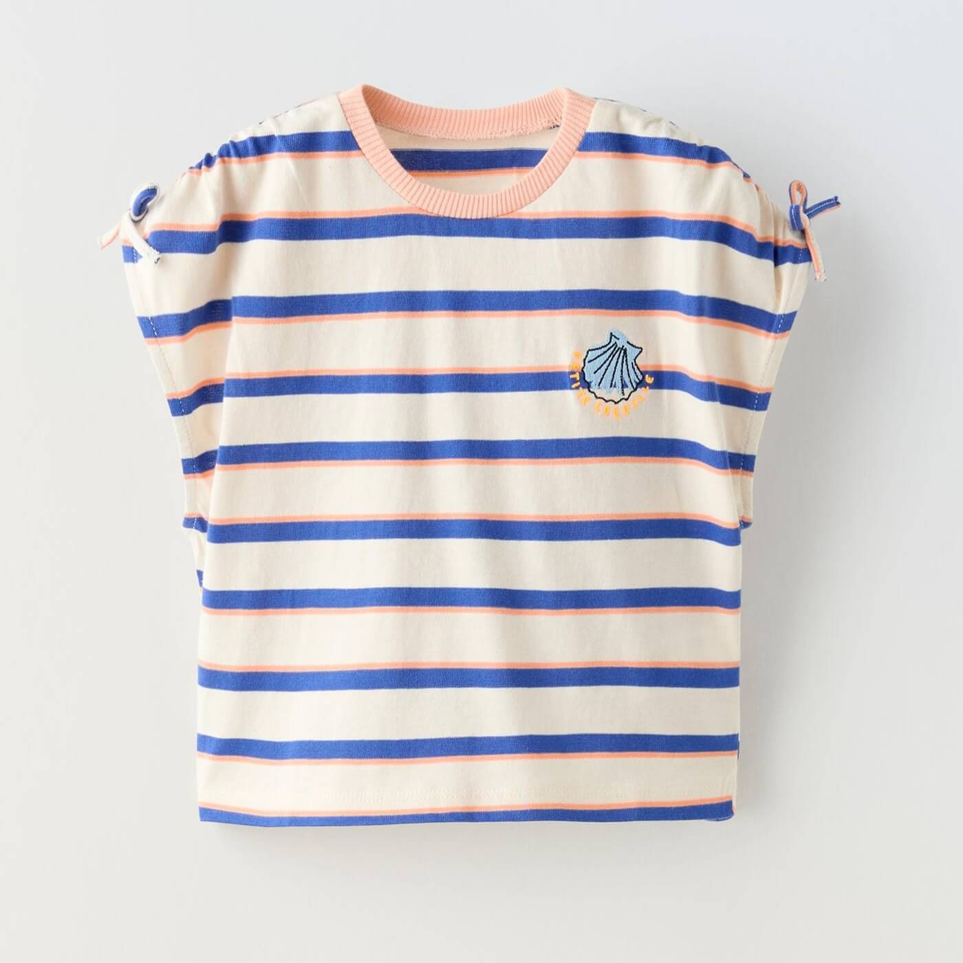Футболка Zara Summer Camp Striped Embroidered Bows, синий/бежевый