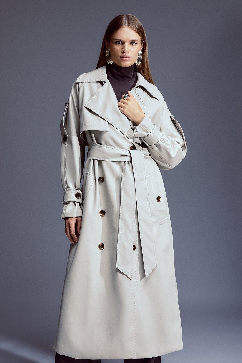 

Тренч из искусственной кожи с поясом и клапаном Storm Karen Millen, бежевый