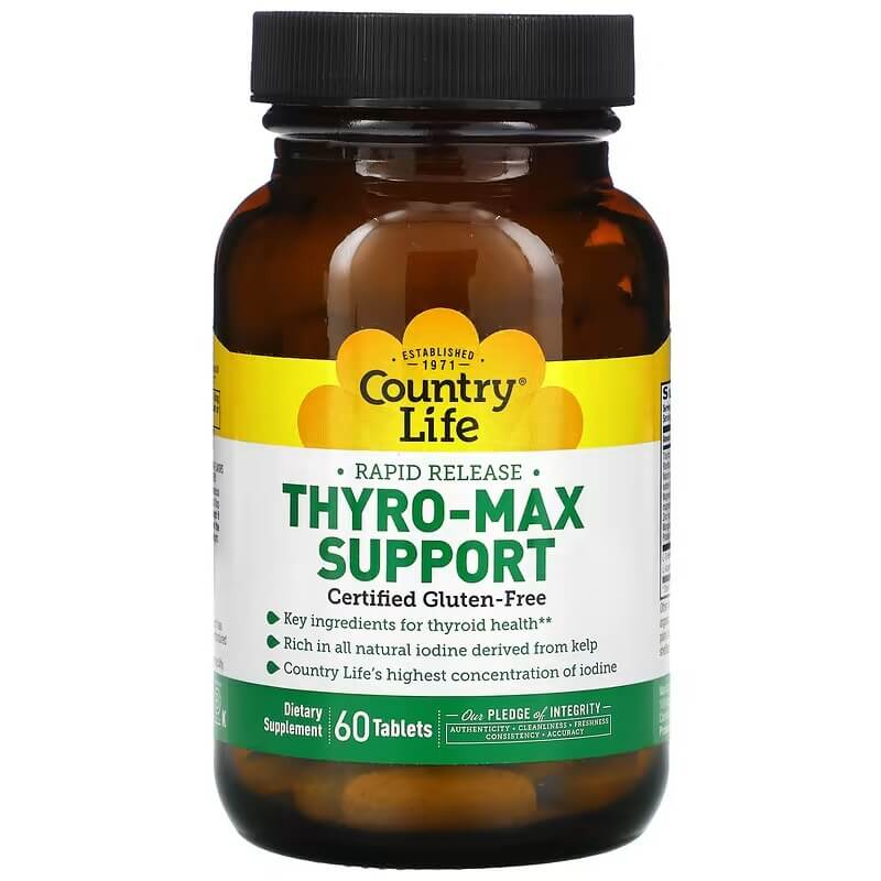 Поддержка щитовидной железы Country Life Thyro-Max, 60 таблеток natural factors добавка для здоровья щитовидной железы 60 растительных капсул