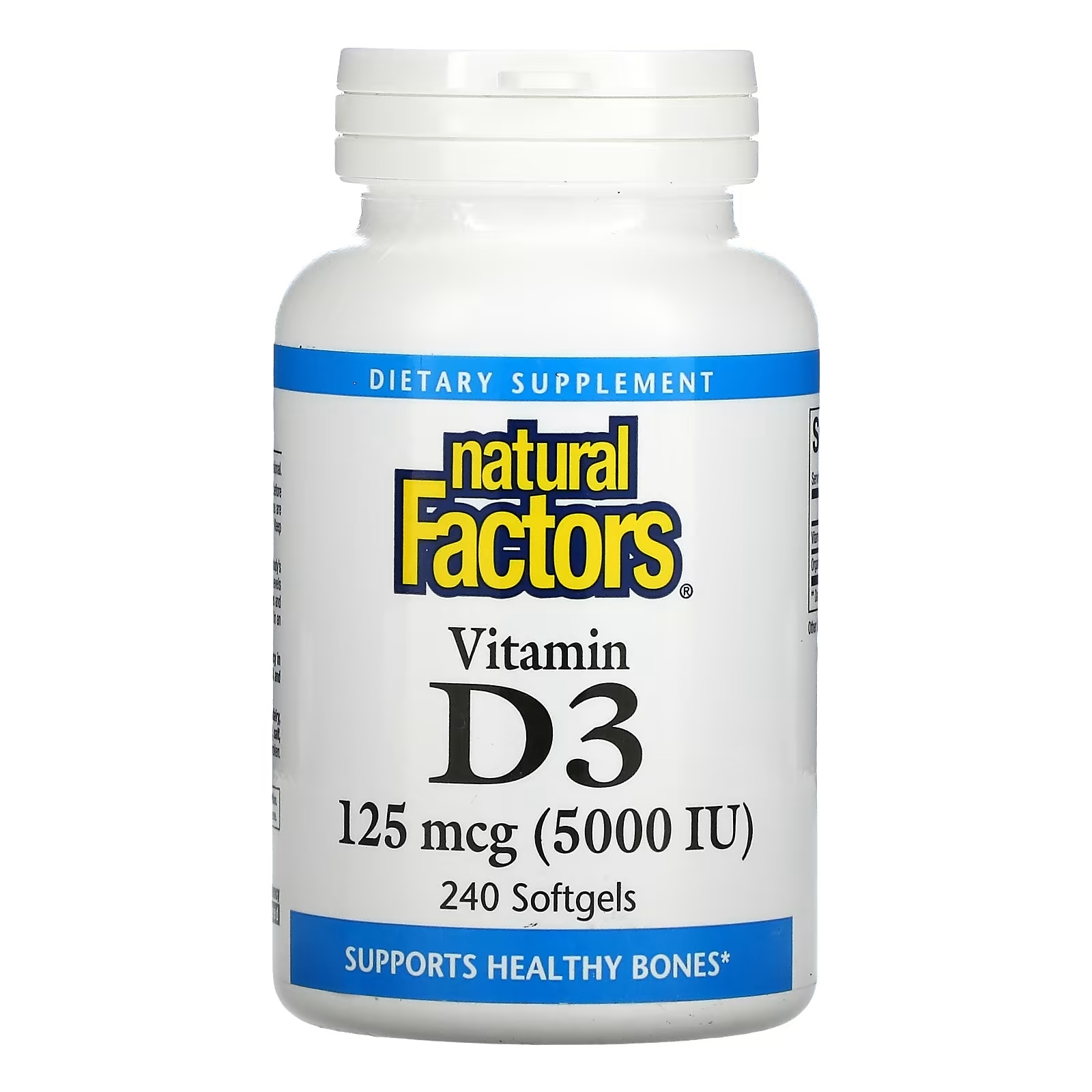 Natural Factors Витамин D3 125 мкг 5000 МЕ, 240 мягких таблеток витамин d3 natural factors клубничный 100 таблеток