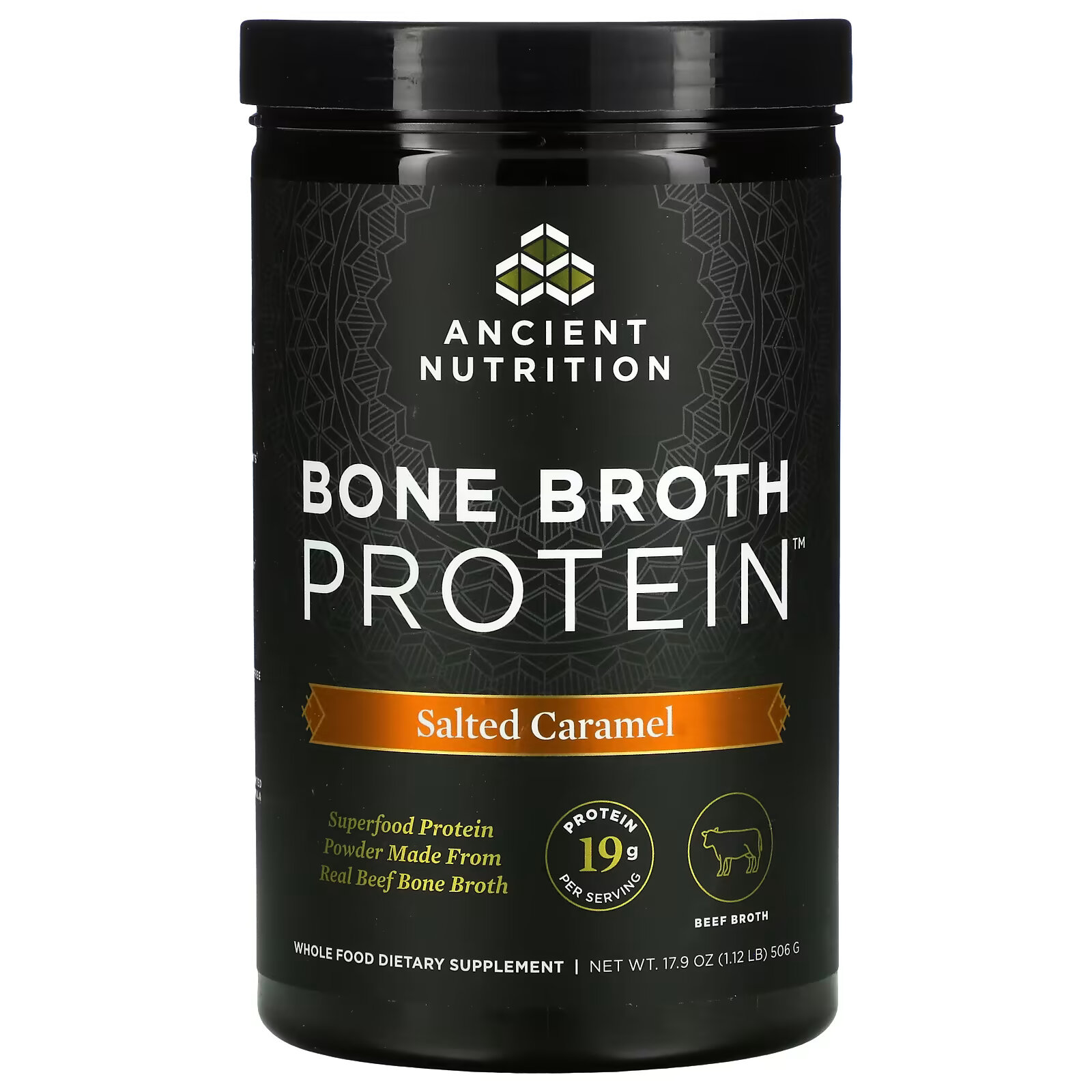 dr axe ancient nutrition bone broth protein чистый белок 890 г 1 96 фунта Dr. Axe / Ancient Nutrition, Bone Broth Protein, соленая карамель, 506 г (1,12 фунта)