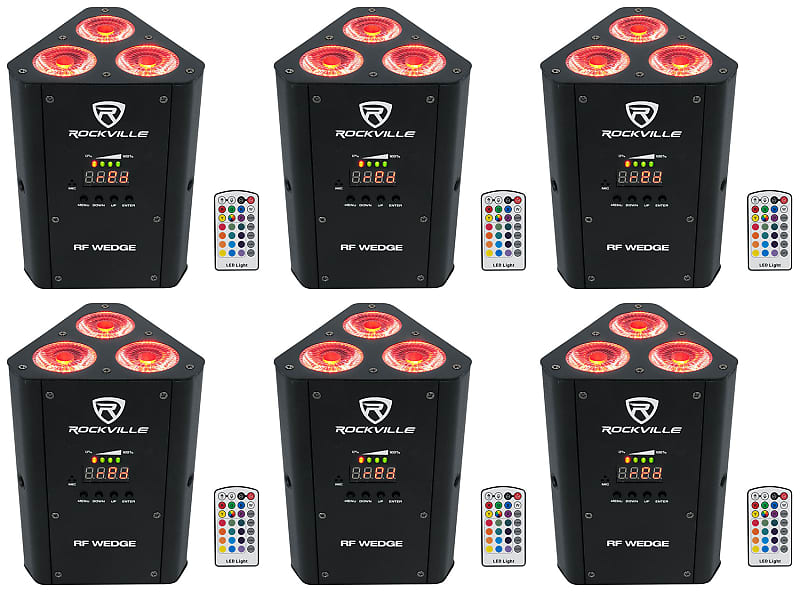 Комплект 6 Rockville RF WEDGE BLACK RGBWA + UV Battery Wireless DMX DJ Up Lights + RF Remotes RF WEDGE BLACK