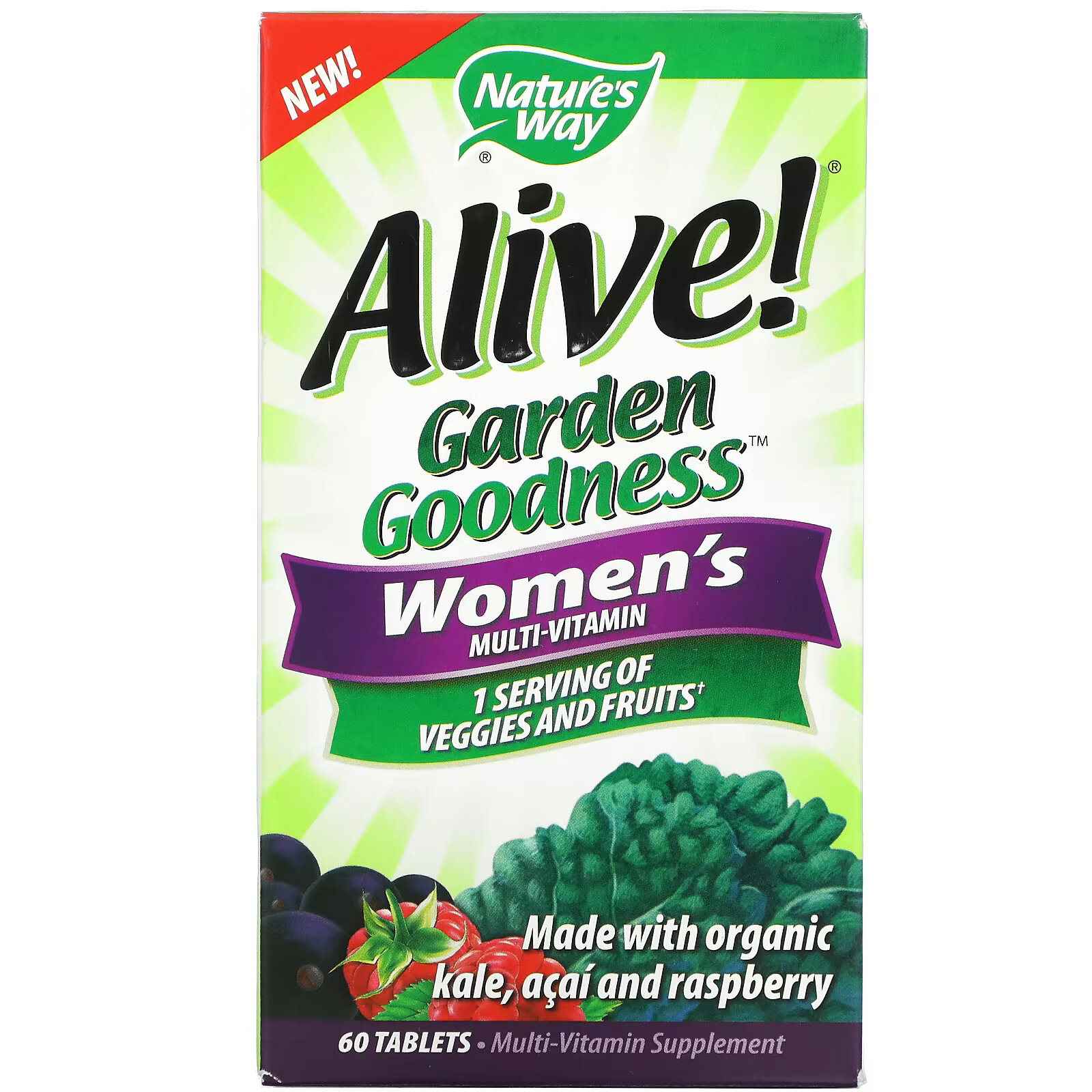 Мультивитамин Nature's Way Alive! Garden Goodness для женщин, 60 таблеток fruily органический мультивитамин для женщин с экстрактом клюквы фруктовый коктейль 60 жевательных таблеток