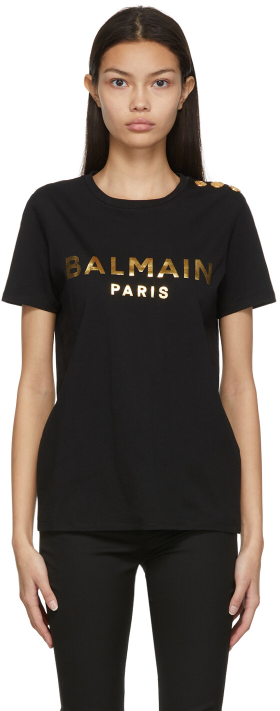 

Черно-золотая металлическая футболка с 3 пуговицами Balmain