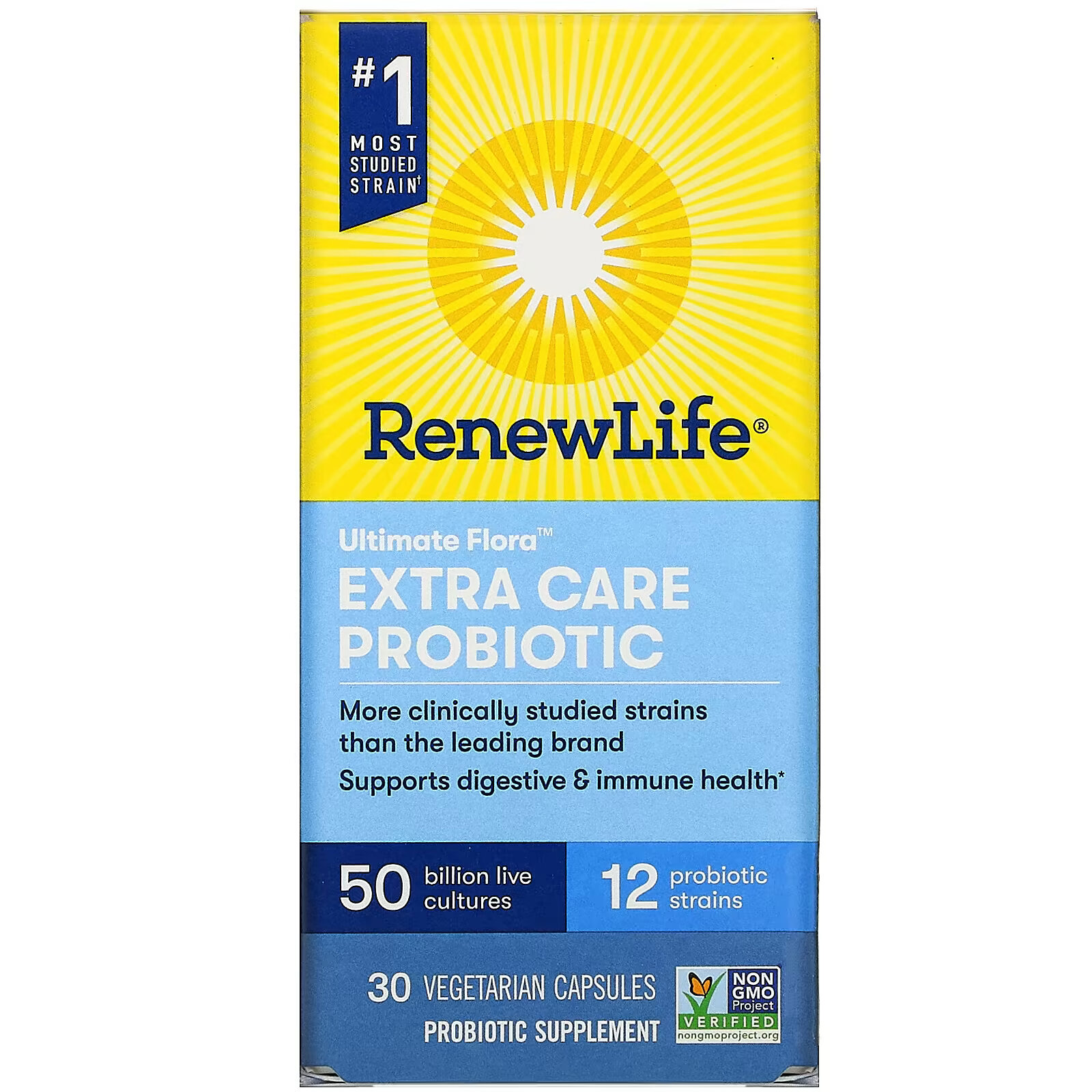 цена Renew Life, Extra Care, Ultimate Flora пробиотик с повышенной силой действия, 50 млрд живых культур, 30 вегетарианских капсул