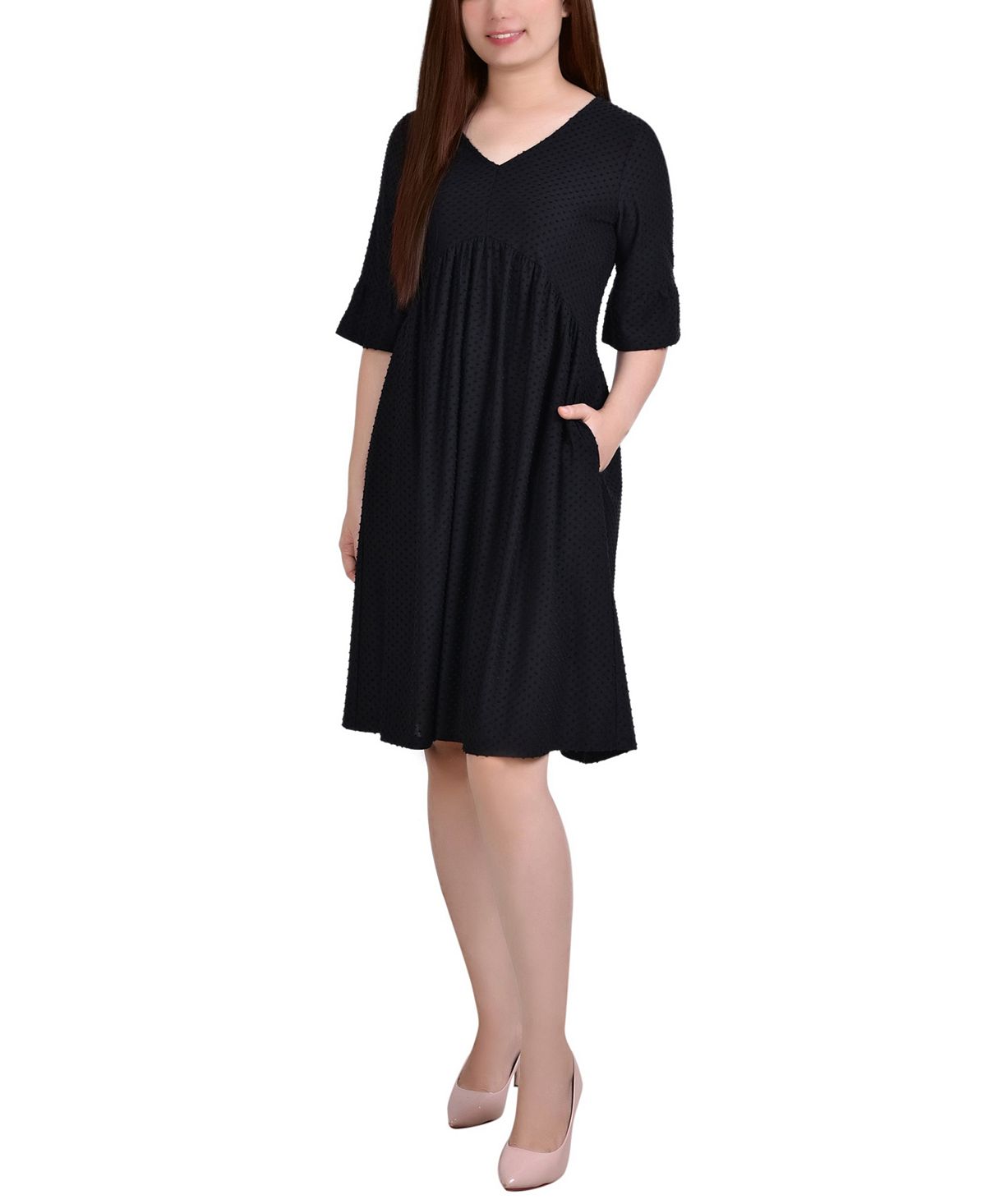 Миниатюрное платье swiss dot в горошек с рукавами до локтя NY Collection, черный