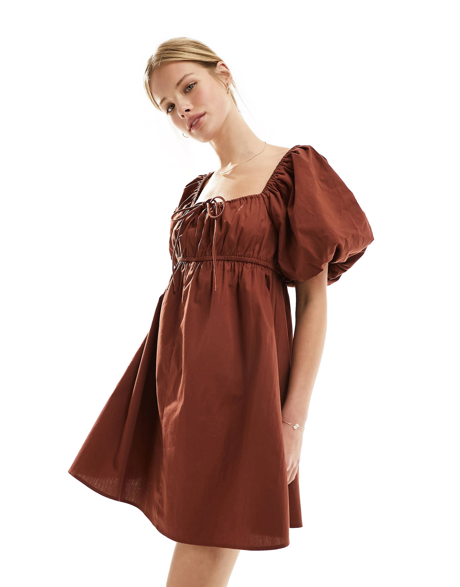 Платье мини Asos Design Loose With Puff Sleeves, коричневый