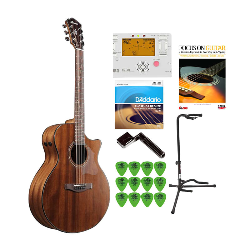 

Ibanez AE295 6-струнная электроакустическая гитара с пристегивающимся микрофоном, подставкой для гитары, струнами для гитары, книгой, устройством для намотки гитарных струн и комплектом медиаторов