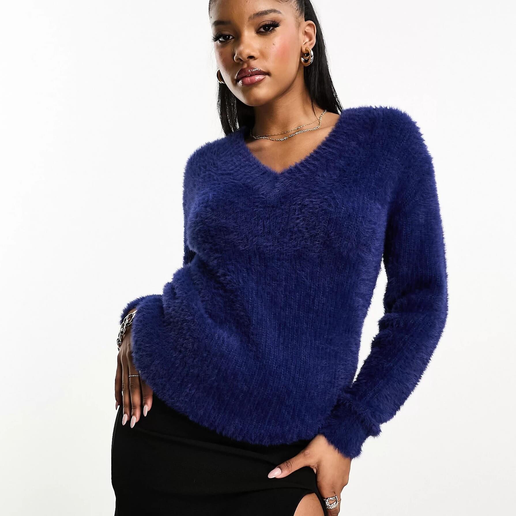 Джемпер Threadbare Ivy Fluffy V Neck Oversized, темно-синий пуловер с v образным вырезом из пушистого трикотажа xs бежевый